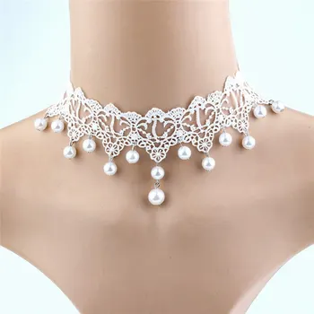 Balts Mežģīņu Paziņojumu Sānslīdi Kaklasaite Kaklarotas Līgavas Rotaslietas Sievietēm Kāzu Modes Elegants Vintage Pērles Imitācija