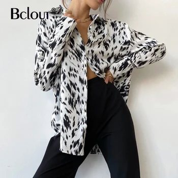 Bclout Streetwear Leopards Drukāt Slim Blūze Sieviete Ir 2021. Gadījuma Garām Piedurknēm Pogas Up Krekls Sieviešu Rudens Savukārt Apkakle Topi