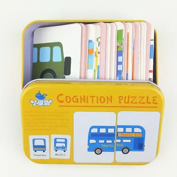 Bērnu Bērniem Izziņas Puzzle Rotaļlietas Toddler Dzelzs Kaste Kartes Spēle Atbilstošas Izziņas Kartes Vehicl/Augļu/Dzīvnieku/Dzīves Uzstādīt Pāris Puzzle