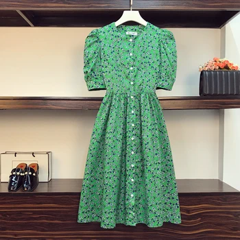 EHQAXIN Plus Lieluma Sievietēm Vintage Zaļu Ziedu Kleitu Vasarā Ir 2021. Puff Piedurknēm Augsta Vidukļa Vienu-Krūšu Zaudēt Dāmas Krekls Kleitas