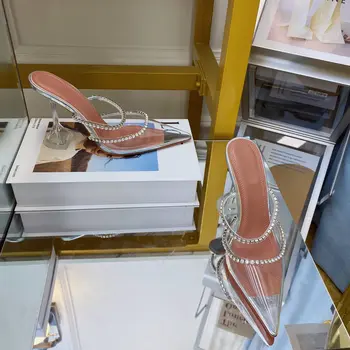 Gadījuma Dizaineru modes sieviešu kurpes nekustamā ādas pvc skaidri Pārredzama punktu toe augstas hees sandalias de las mujeres mujer 2021