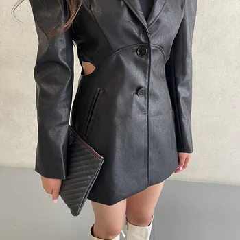 GALCAUR Apvalks Melns tērps Sievietēm Robots Apkakles, Garas Piedurknes Izgriezt Cietā Mini Kleitas, Sieviešu Apģērbi ir 2021. korejas Modes
