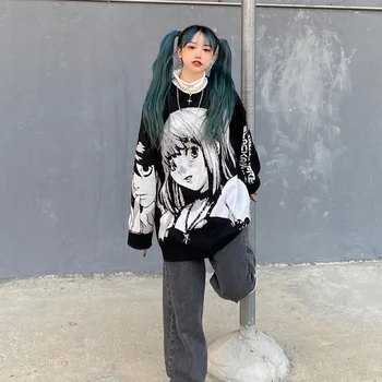 Jauns Anime Drukāt Sporta Krekli Sieviešu Harajuku Gothic 2021. Gada Rudenī, Puloveri Japāņu Stila Apģērbu Pelēkā Vārna Lielgabarīta Streetwear