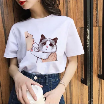 Karstā Vasaras Jaunus Pārdošanas 2021 Kawaii Kaķis Grafiskais Sieviešu Vouge Dzīvnieku T-krekls Augstas kvalitātes Modes Jautri Retro Streetwear Tee Augšu