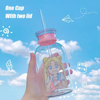 Kawaii Stikla Taza Sailor Moon Pudeles 450ml Kawaii Zupa Kausa Glāzi Ūdens Pudele Ar Salmiņu Brilles Gudrs Dzēriena Pudeles Tases