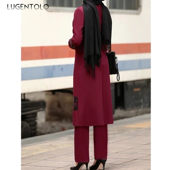 Lugentolo Musulmaņu Modes Divas Gabals, Kas Sievietēm Dubaija Abaya O-Veida Kakla Džemperis Elastīgs Viduklis Biroja Dāma Rudens Jaunas Modes Apģērbi