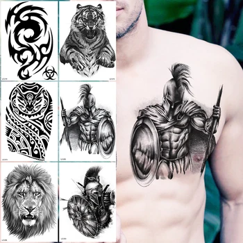 Melns Spartas Karavīrs Pagaidu Tetovējumiem Vīriešiem Pieaugušajiem Reāli Lauva, Tīģeris Maori Bruņinieks Viltus Tetovējumu Uzlīmes Krūtīm Tatoos 3D
