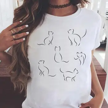 Modes Sievietes Kaķis Vienkārša Drukāšana 90s Karikatūra Krekls Print T-krekli Stilīgs Īsām Piedurknēm Grafiskais T Top Sieviete Tee T-Krekls