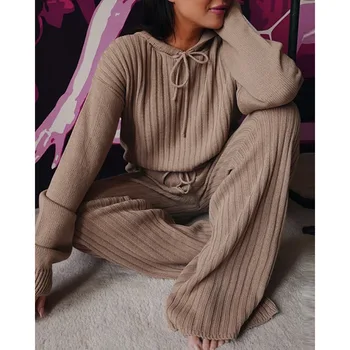 Pavasara Rudens Trikotāžas Nedaudz Caurspīdīgs Pidžamas Naktsveļu Komplekts Sievietēm Kapuci Plaša Kāju Bikses Uzvalku Ar Garām Piedurknēm Sleepwear Brīvs