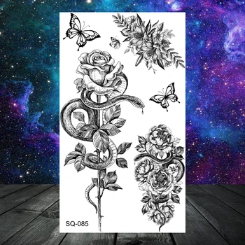 Reāli Čūska Rose Puķu Pagaidu Tetovējumiem Sievietēm, Pieaugušajiem Spalvu Galvaskausa Bultiņas Viltus Tetovējums Roku, Roku, Kakla Mazo Tatoos Papīra