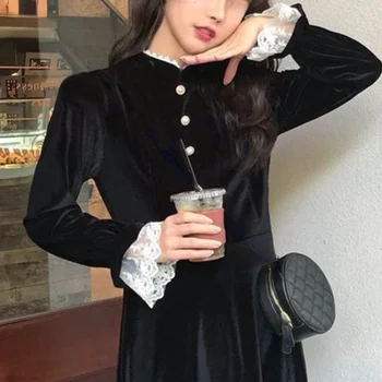 Samta Viens Gabals Kleita Korejas Modes 2021 Ziemas Vintage Midi Kleitu Vakarā Paty Mežģīņu Dizaina Garām Piedurknēm Melna Eleganta Kleita