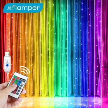 Xflamper 3x3M Logu Vainags Aizkaru Stīgu Gaismas 300 LED RGB Pasaku Gaismu 16 4 Krāsu Režīmi Gaisma ar Tālvadības Svētku Dekori