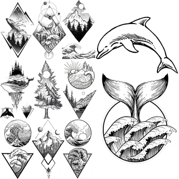 Zīmuļa Skices Delfīnu Vilnis Pagaidu Tetovējumiem Sievietēm, Pieaugušajiem Kalnu Vaļu Priede, Viltus Tetovējumu Uzlīmes, Ķermeņa, Roku Tatoos DIY